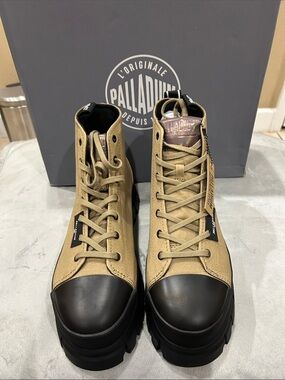 Palladium Tan Canvas High-Top Sneakers with Black Toe Caps and Soles